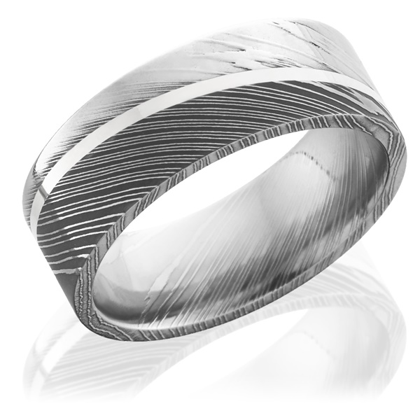 Damascus Steel Flat Band with Sterling Silver Inlay 