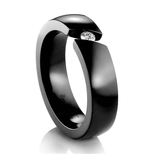 EDWARD MIRELL Black Titanium Ring Diagonal Tension Set Diamond Ring