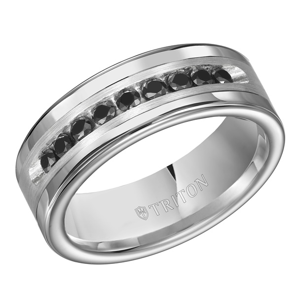 Triton Tungsten with Silver & Black Diamond Inlay Ring
