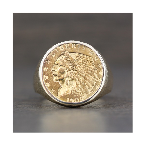 Mens 1909 $2.50 Indian Head Gold Coin Ring (nice heavy ring!)