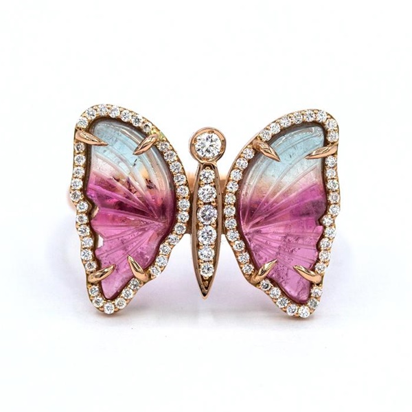 14k Rose Gold, Diamond & Ombre Tourmaline Carved Butterfly Ring