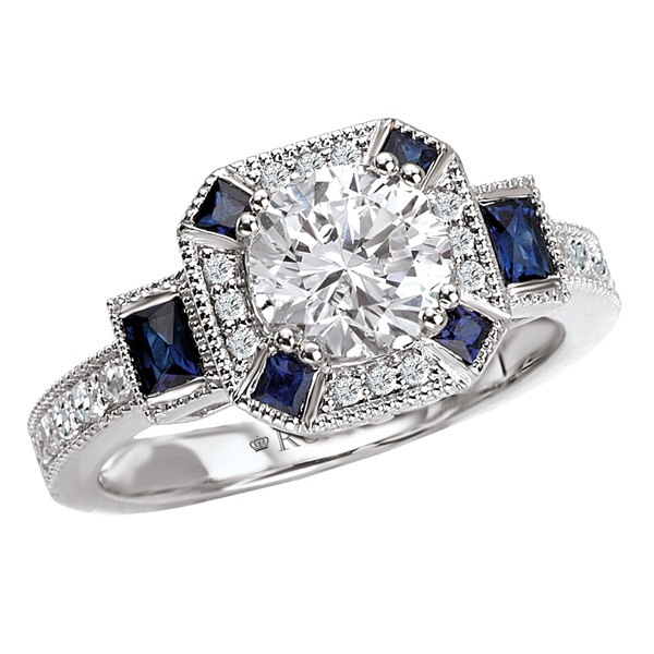 Diamond Sapphire Engagement Ring - Antique Style - 18K White Gold