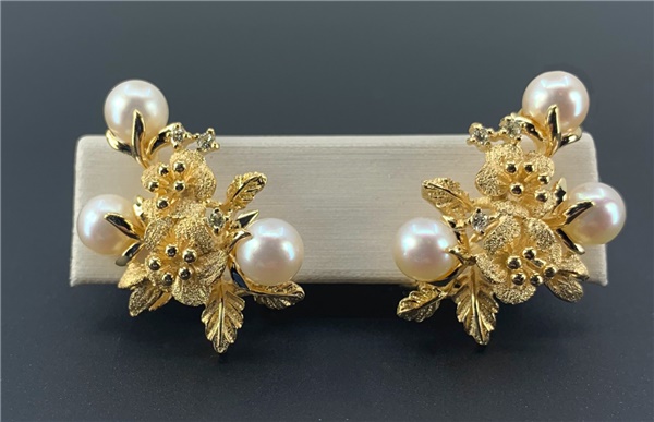 Estate 14K Yellow Gold, Pearl and Diamond French Clip Backs