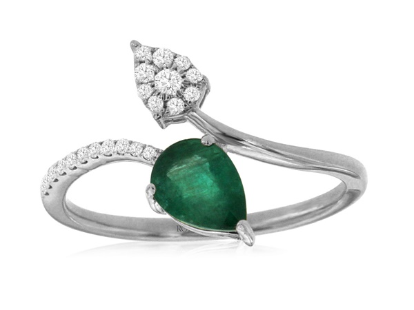 14k White Gold, Emerald & Diamond Bypass Ring