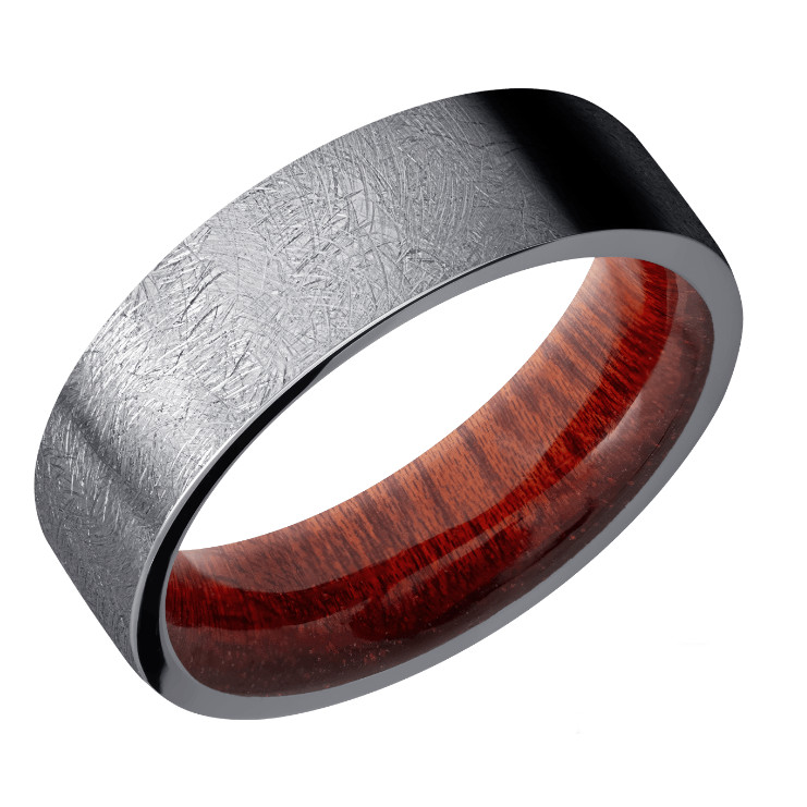 7mm Flat Tantalum Wedding Band with Distressed Finish and Blood Wood Sleeve