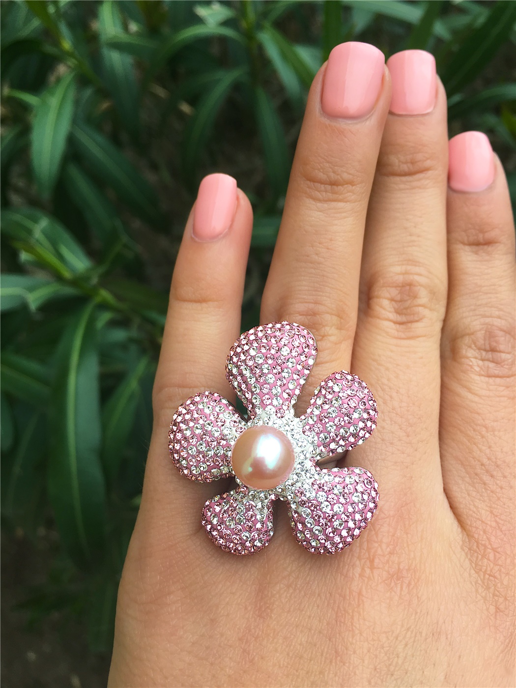 Light Pink Swarovski Crystal & Pearl Sterling Silver Flower Ring