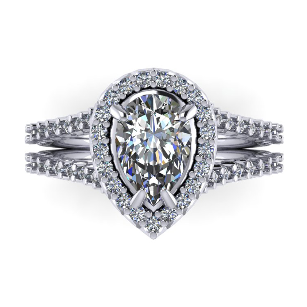 Pear Shaped Diamond Engagement Ring, Diamond Halo, Split Shank