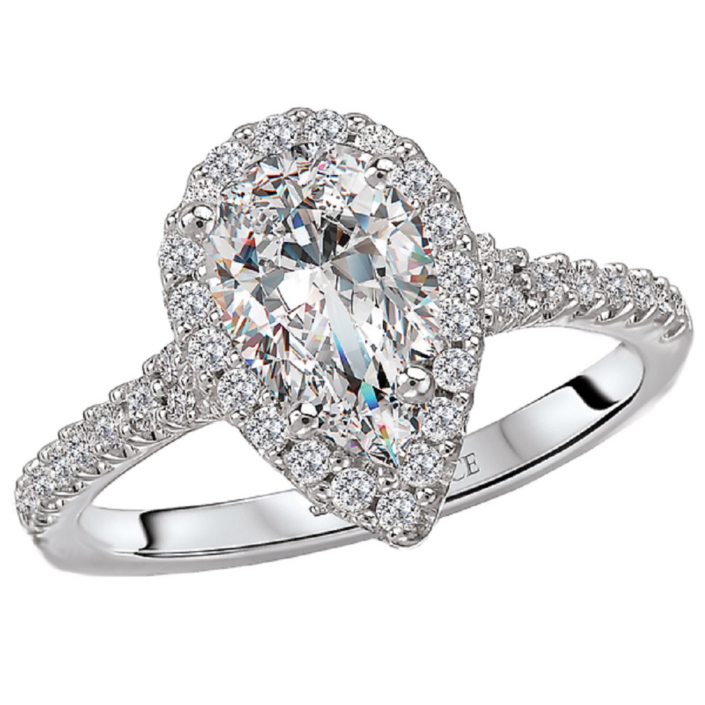 18k White Gold and Diamond Pear Shaped Halo Engagement Ring by Romance