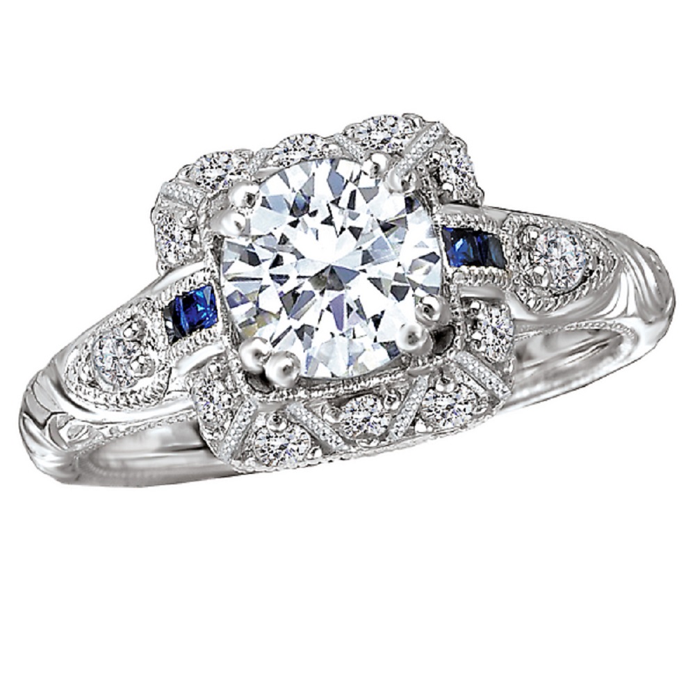 18kt White Gold, Diamond and Blue Sapphire Vintage Style Engagement ...
