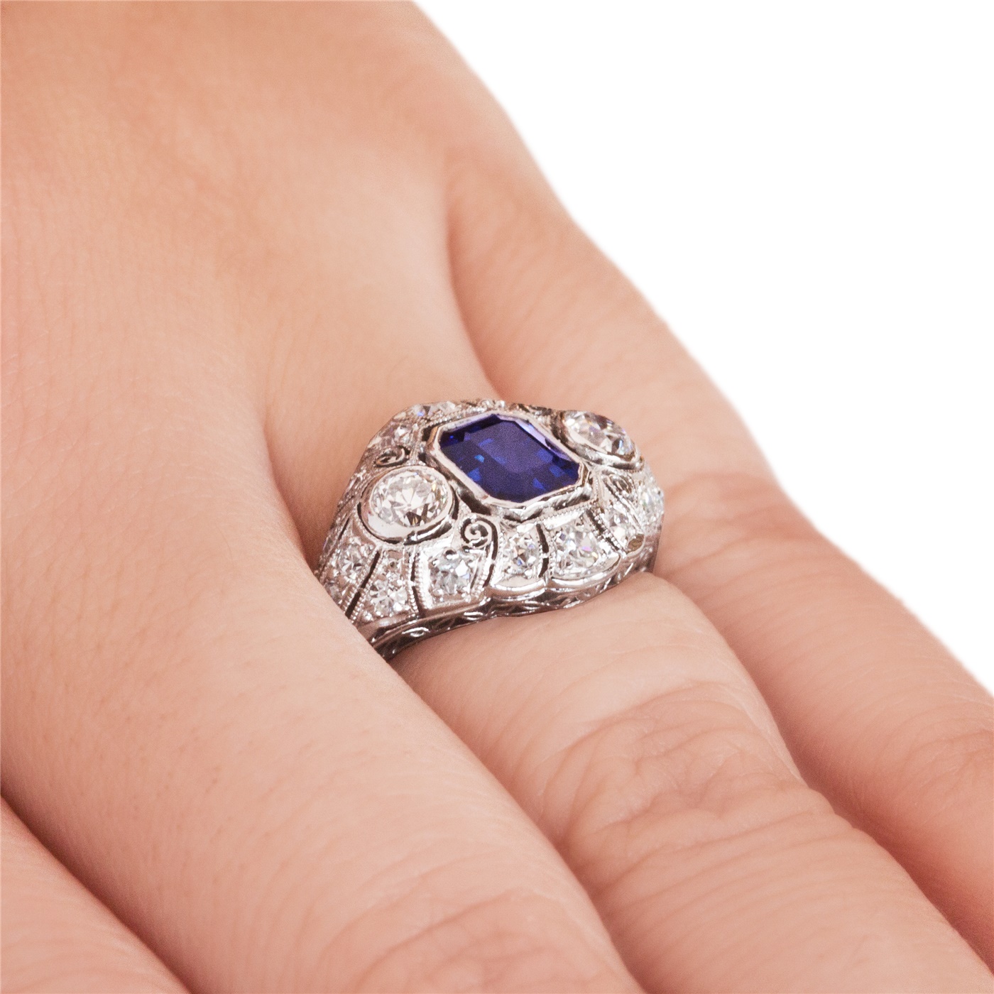 Vintage Asscher Cut Sapphire Ring - Antique Sapphire and Diamond Ring