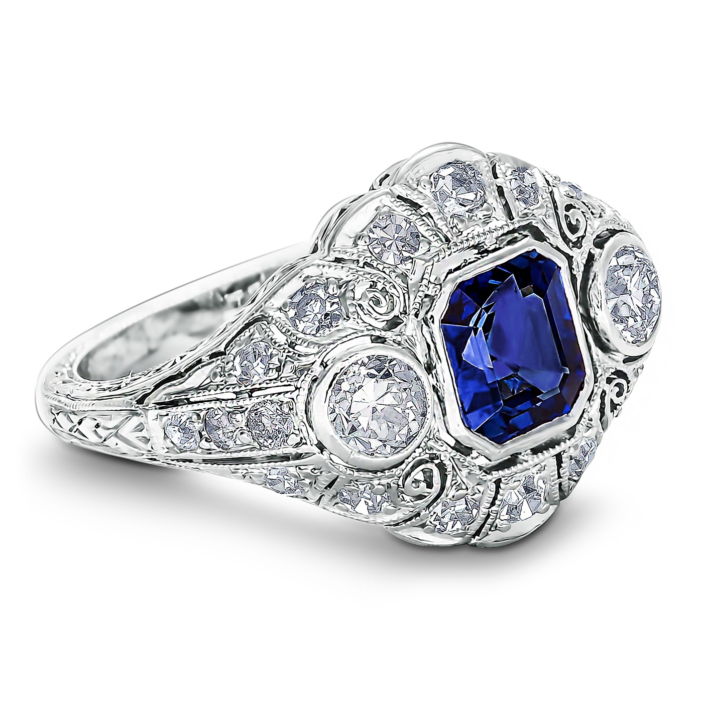 Vintage Asscher Cut Sapphire Ring - Antique Sapphire and Diamond Ring