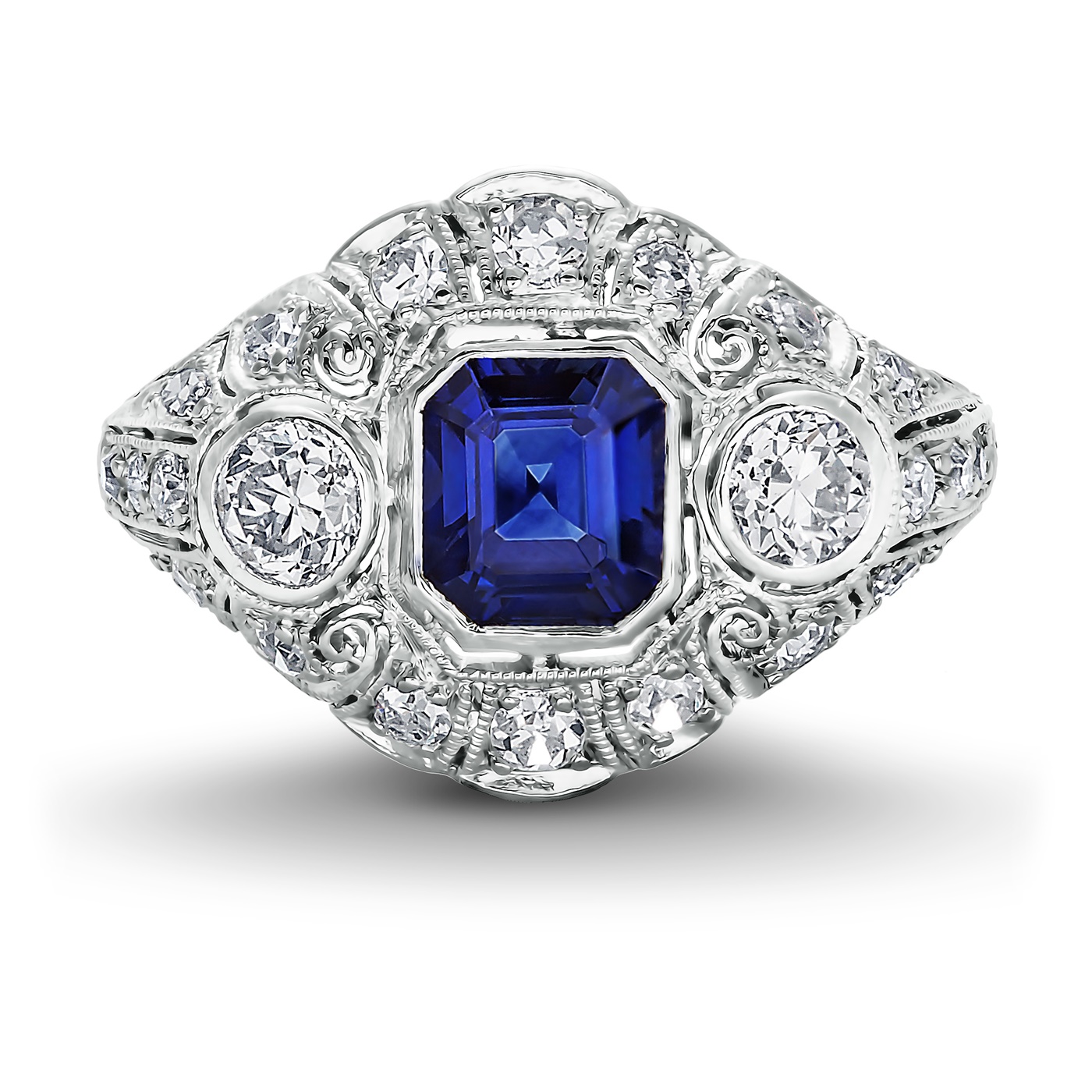 Vintage Asscher Cut Sapphire Ring - Antique Sapphire and Diamond Ring