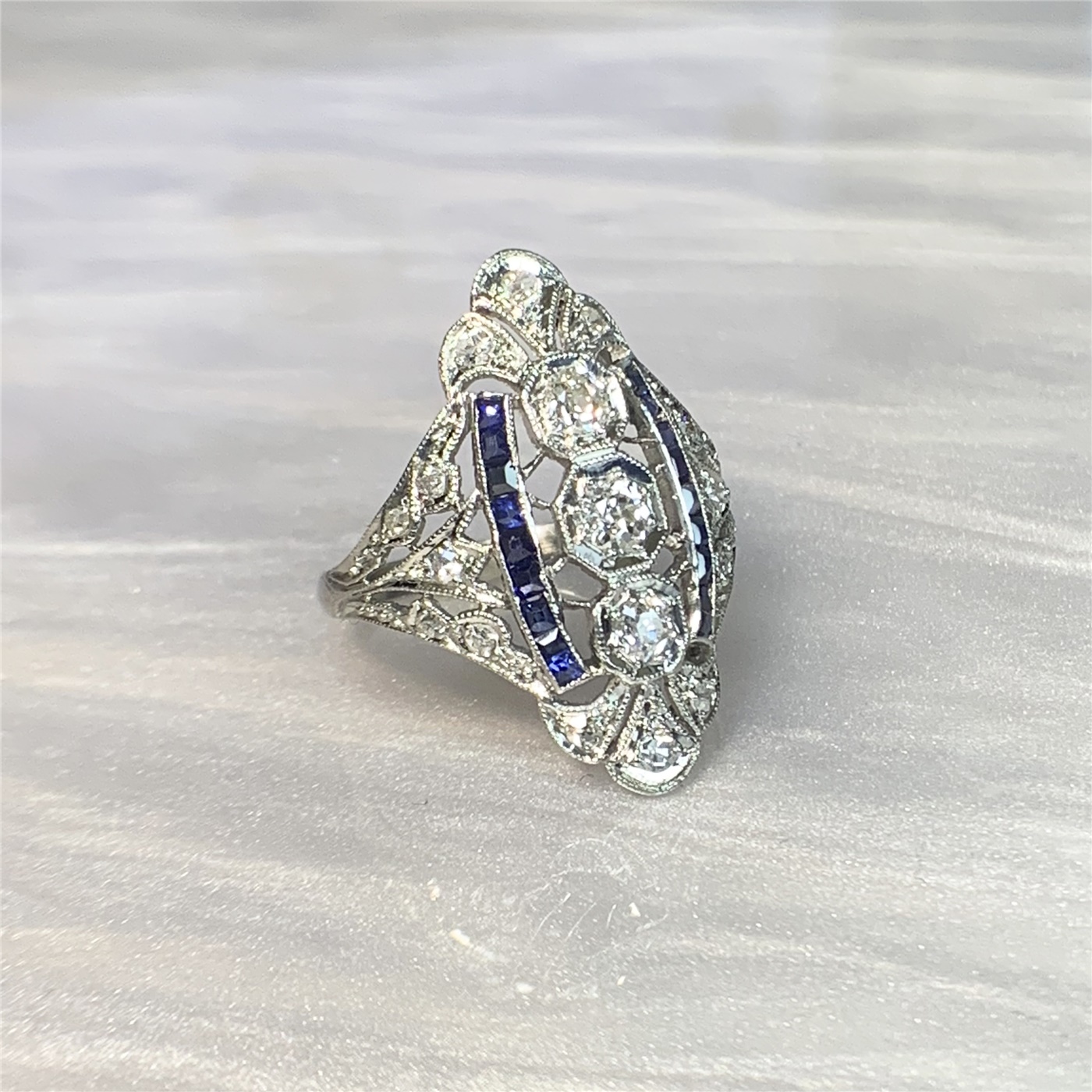 Vintage Platinum Filigree Navette Style Diamond and Sapphire Ring ...